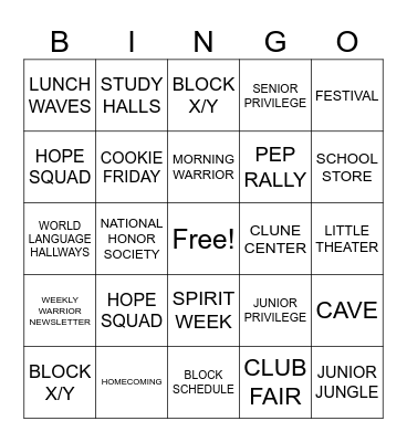 Wilton High School Bingo Card