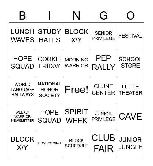 Wilton High School Bingo Card
