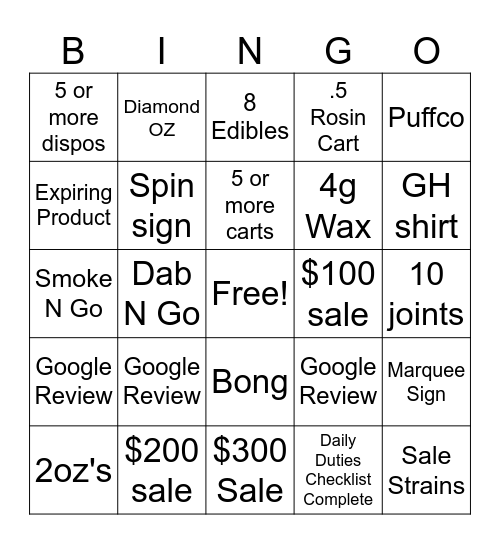 Budtender Bingo Card