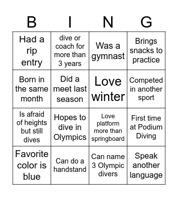 Podium Diving Bingo Card Bingo Card