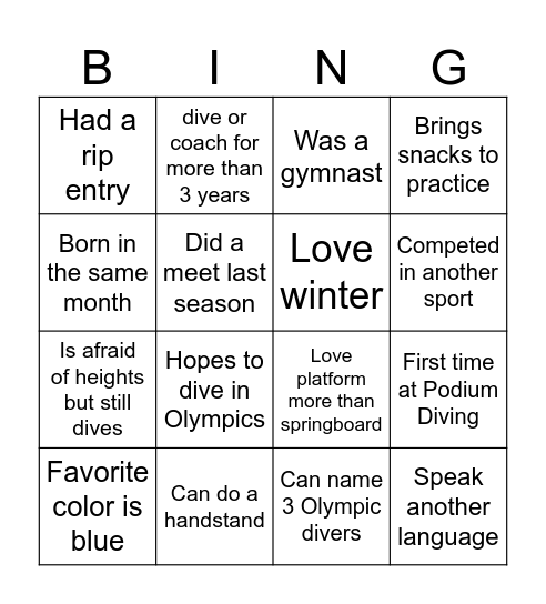 Podium Diving Bingo Card Bingo Card