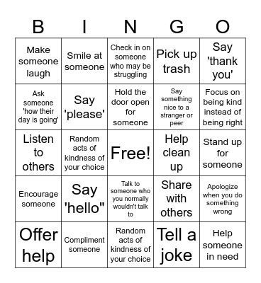 Kindness Bingo Card