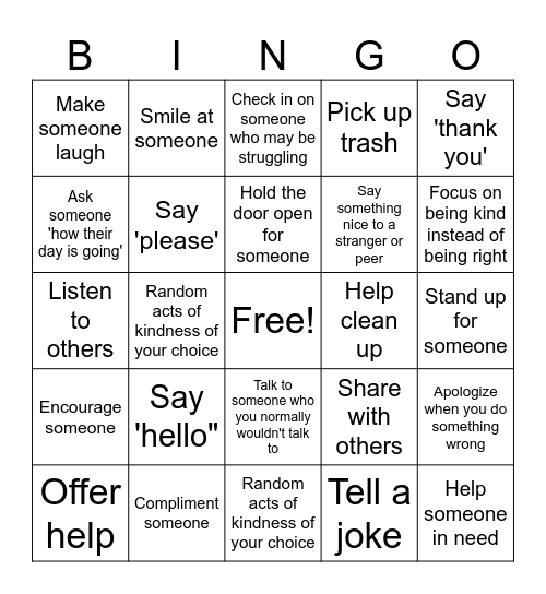 Kindness Bingo Card
