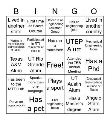 Engineering Assistant Networking Bingo Card