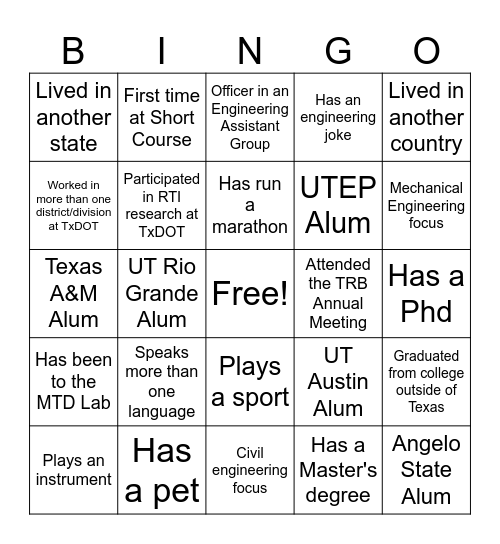 Engineering Assistant Networking Bingo Card