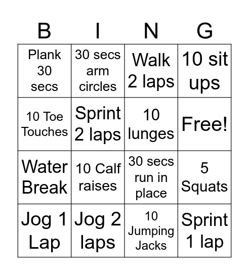 Fitness Bingo Card
