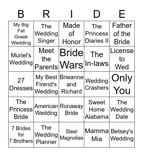 Brieanne's Bridal Shower Bingo Card