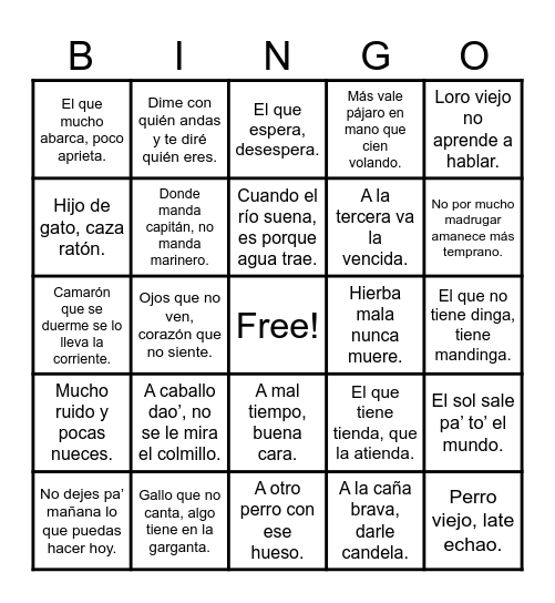 REFRANES Y DICHOS BORICUAS Bingo Card