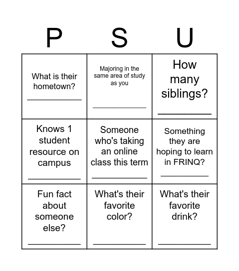 Get to know each other bingo Card