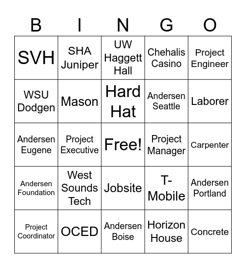 Construction Inclusion Week Bingo Card