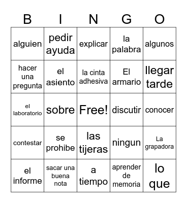 Spanish 2 1A Vocabulary Bingo Card