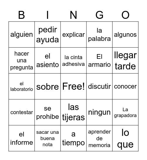 Spanish 2 1A Vocabulary Bingo Card