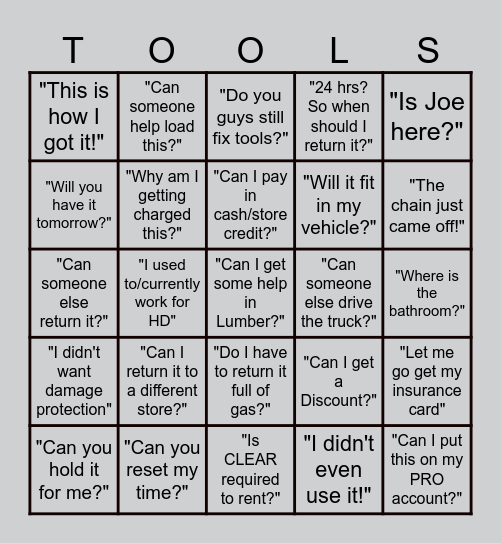 Tool Rental Bingo Card