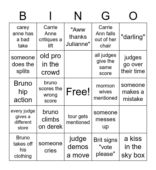 DWTS 2025 Bingo Card