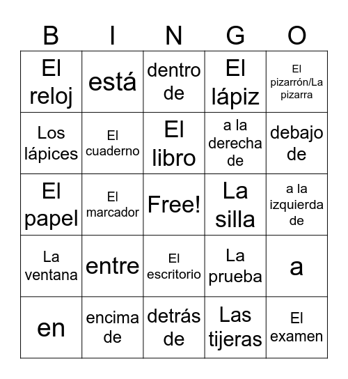Spa 1 - Unit 2 Quiz 2 Español Bingo Card
