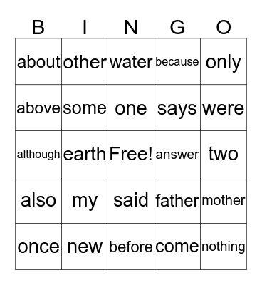Wilson High Frequency Words Bingo Card