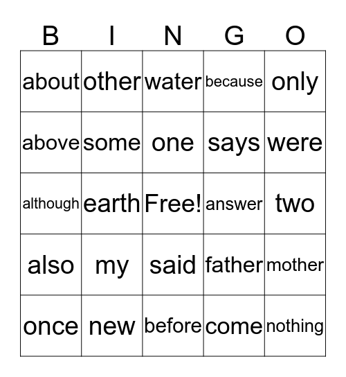 Wilson High Frequency Words Bingo Card