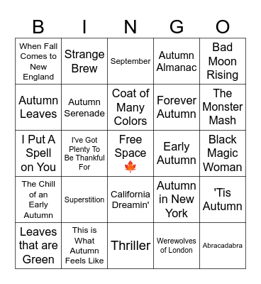 Fall Music Bingo Card