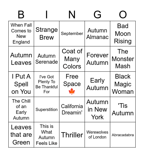 Fall Music Bingo Card