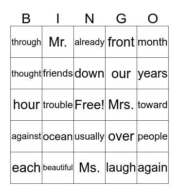 Wilson High Frequency Words Bingo Card