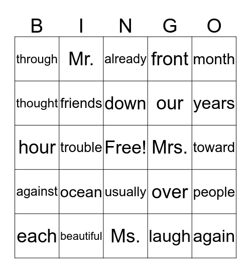 Wilson High Frequency Words Bingo Card