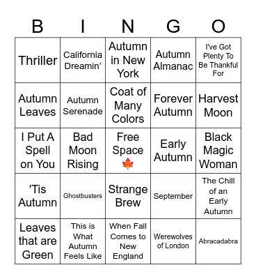 Fall Music Bingo Card