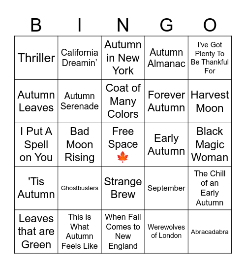 Fall Music Bingo Card