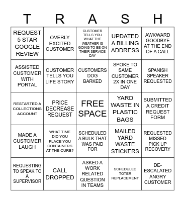 Customer Service Bingo Card