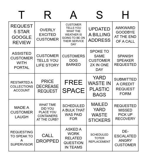 Customer Service Bingo Card