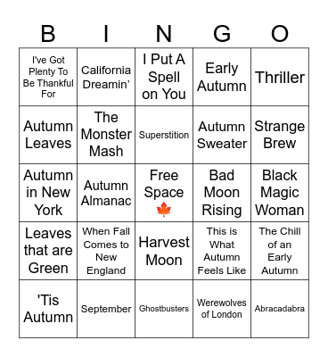 Fall Music Bingo Card