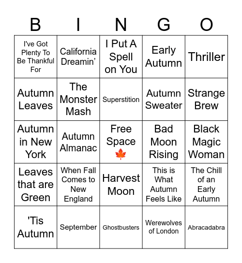 Fall Music Bingo Card