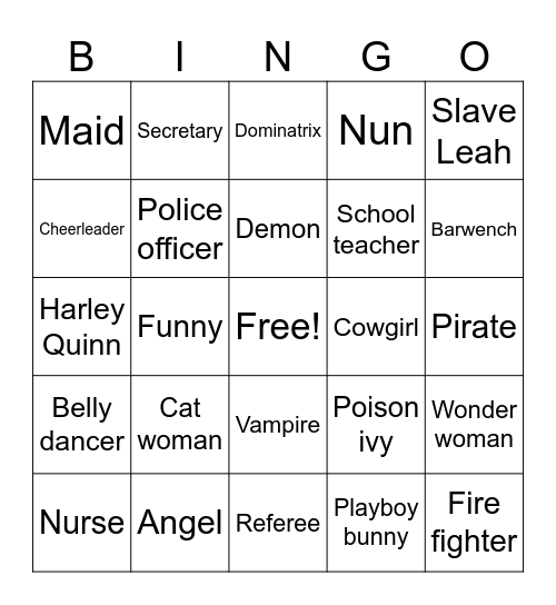 Sexy Costume Bingo Card