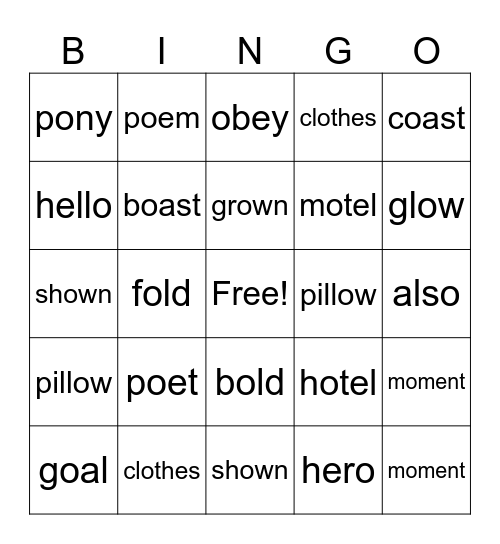 Unit 7 Spelling Bingo Card