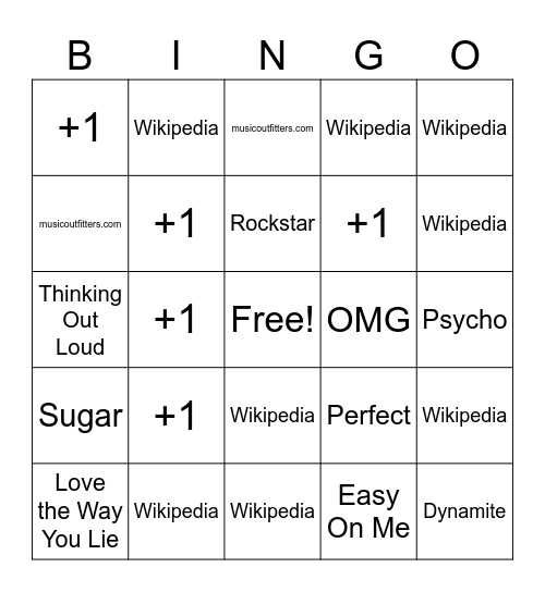 Top 50 Musical Bingo Card