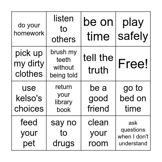 RESPONSIBILITY Bingo Card