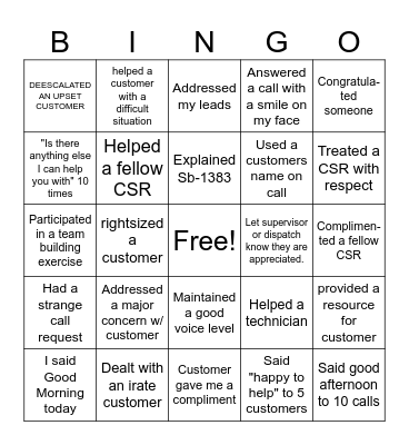 Customer Service Bingo Card