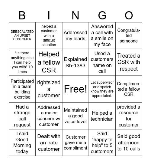 Customer Service Bingo Card