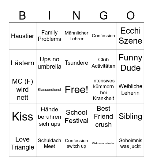 Anime Bingo Card