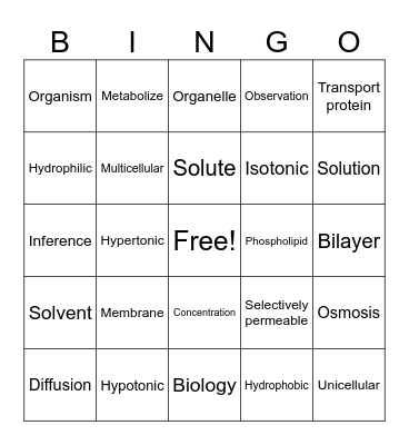 Diffusion/Osmosis Bingo Card