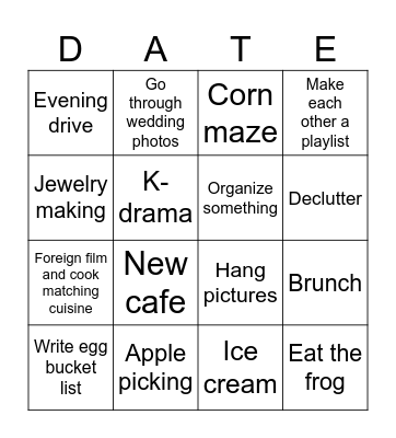 Egg Date Bingo Card