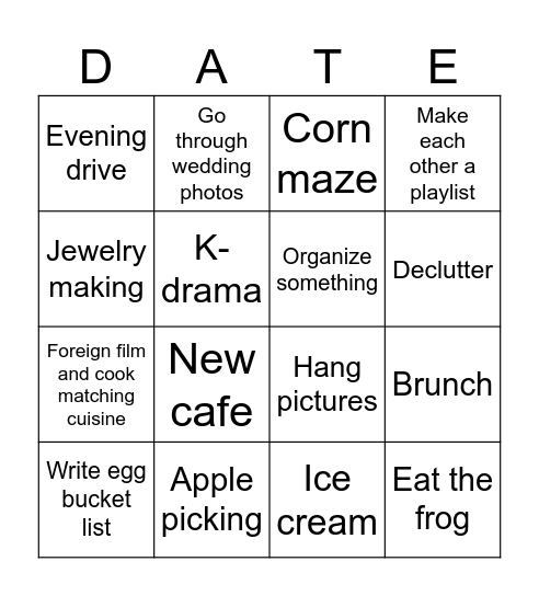 Egg Date Bingo Card