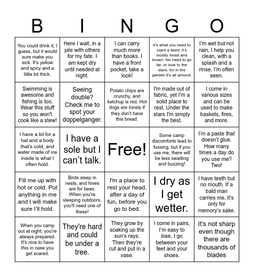 MIDDLE SCHOOL CAMPING TRIP 2025 Bingo Card