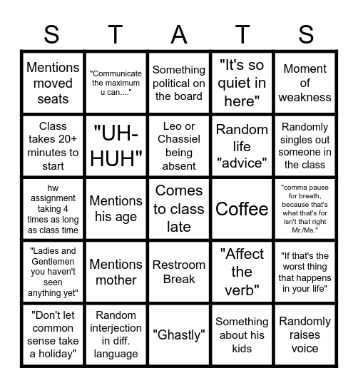 Stats Bingo Card