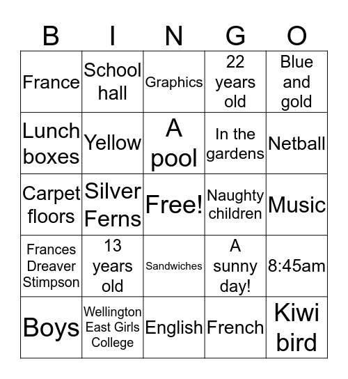 School in New Zealand Bingo Card
