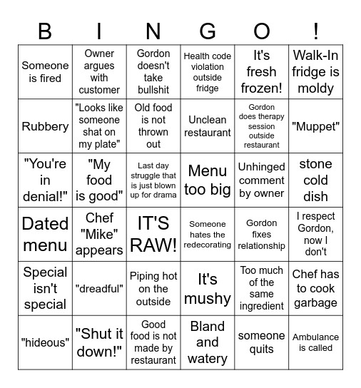 Kitchen Nightmares Bingo Card