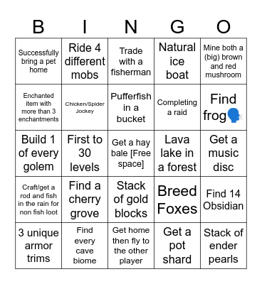 Minecraft Adventure Bingo Card