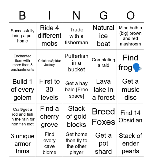 Minecraft Adventure Bingo Card