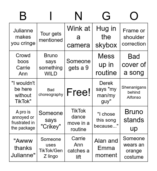 DWTS Season 34 TiktTok Night Bingo Card