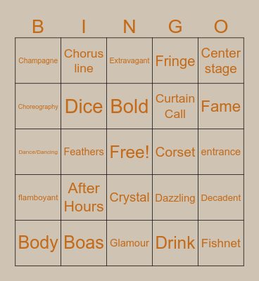 Showgirl Words Bingo Card