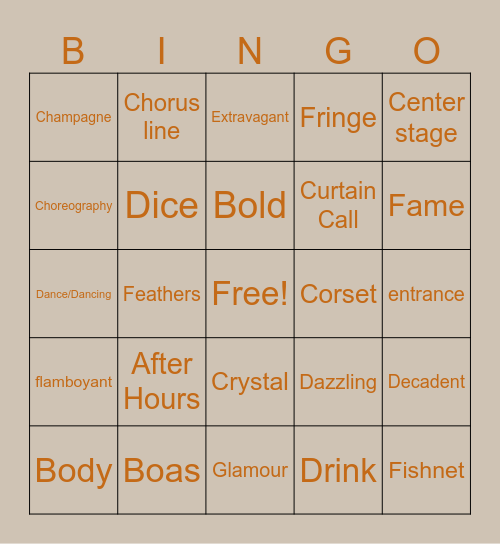 Showgirl Words Bingo Card